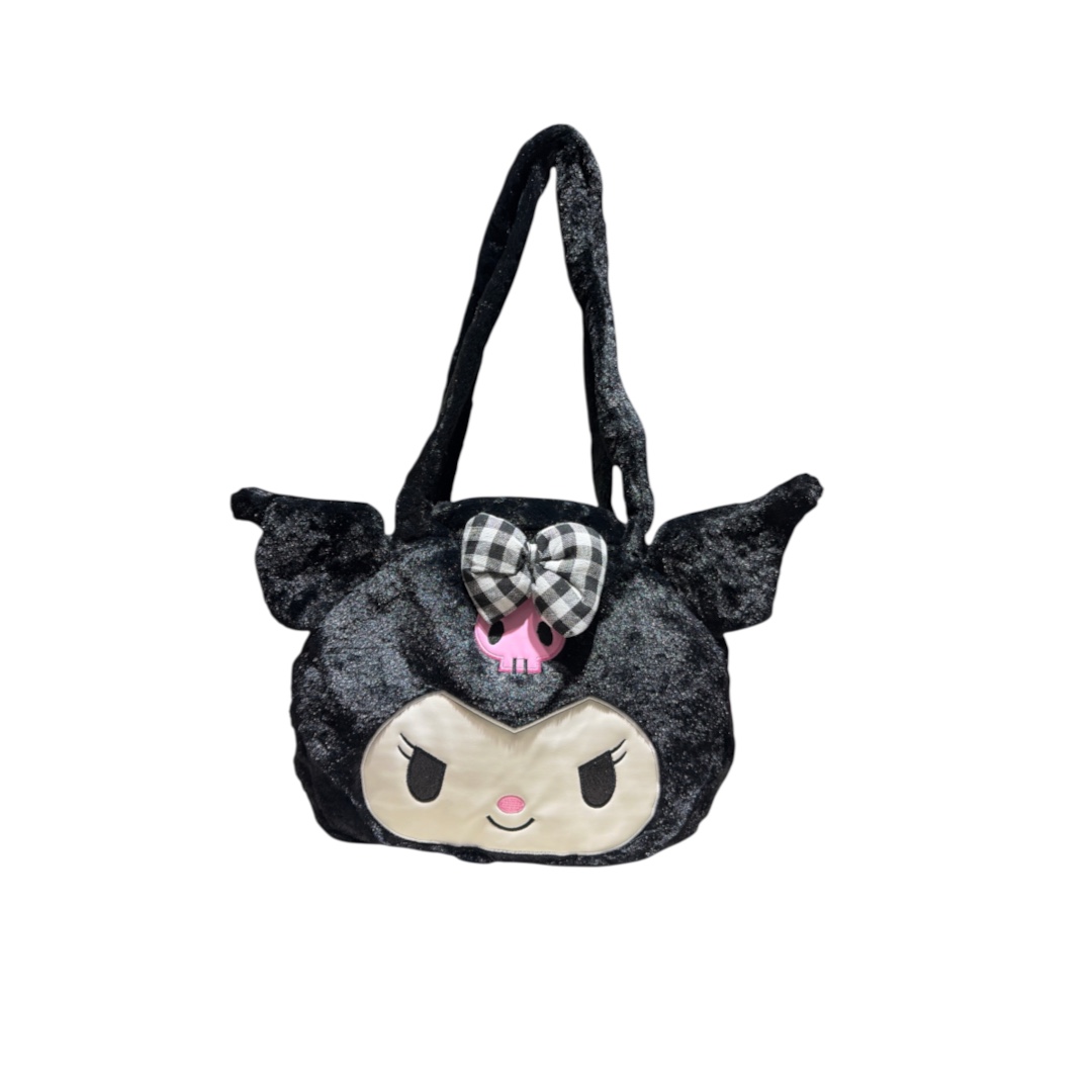 Cartera peluche mediano cara kuromi negra lazo cuadriculado
