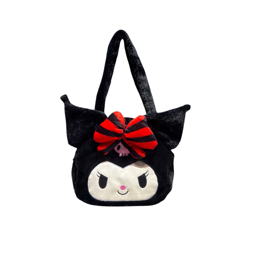 Cartera peluche mediano cara kuromi negra lazo rojo
