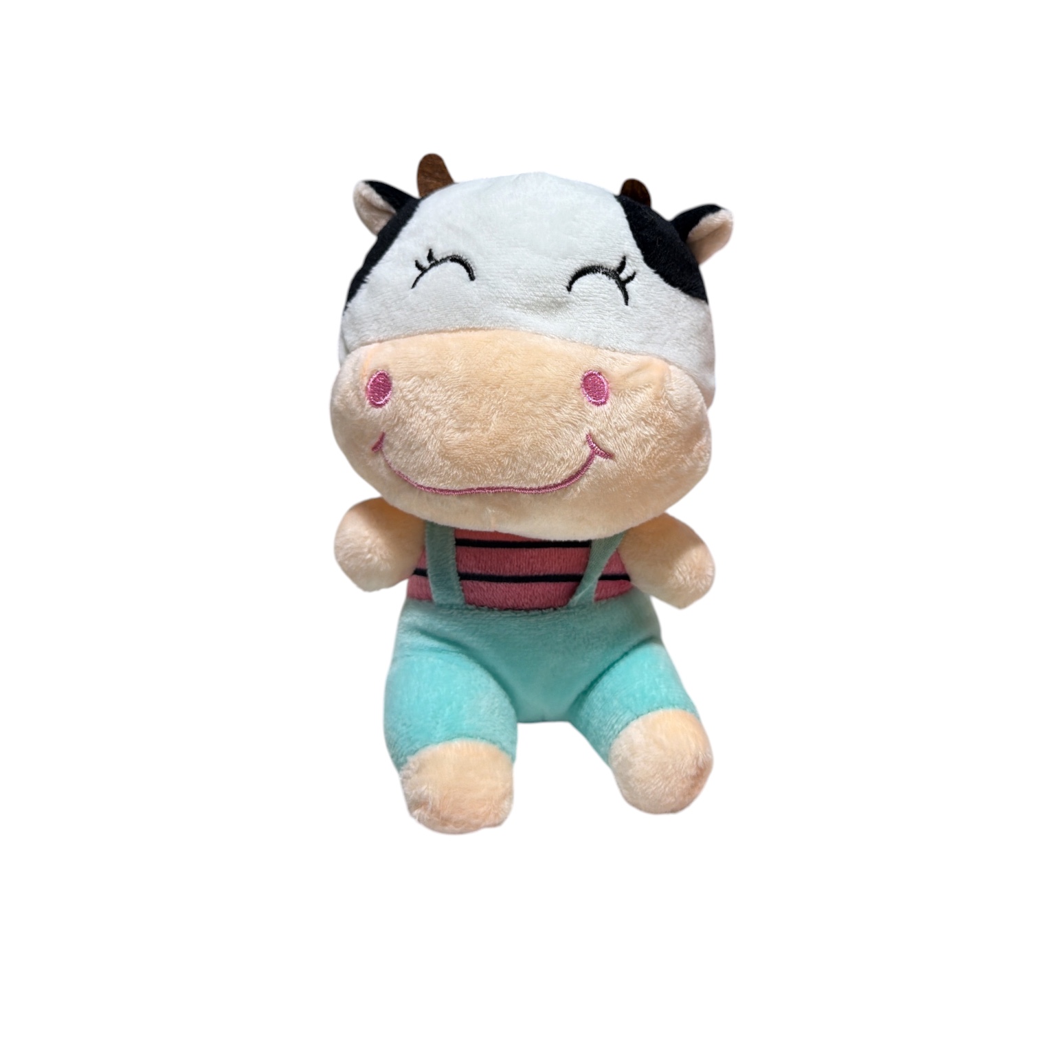 Peluche vaca con overol verde menta y rosa