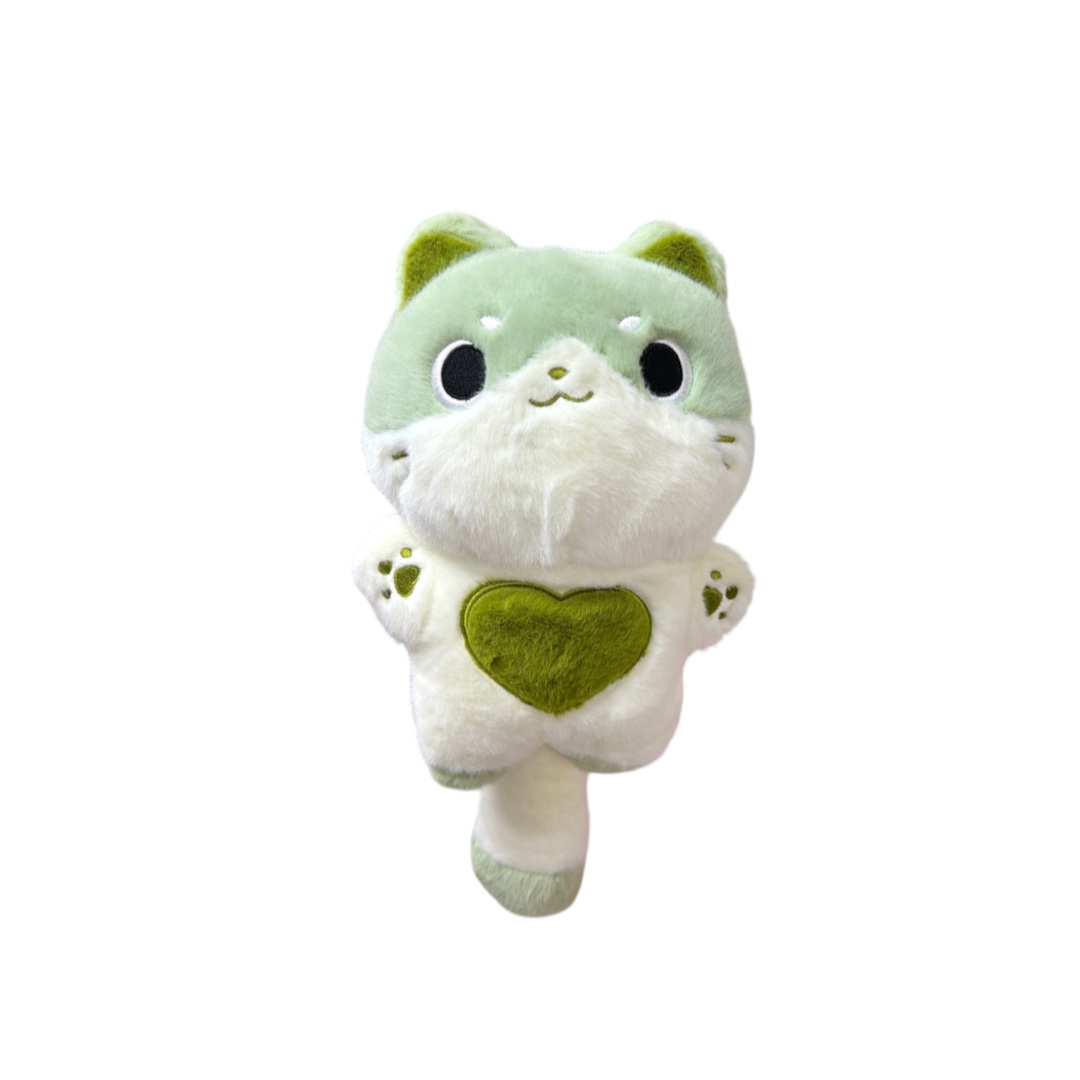 Peluche gato de pie corazon verde 30cm