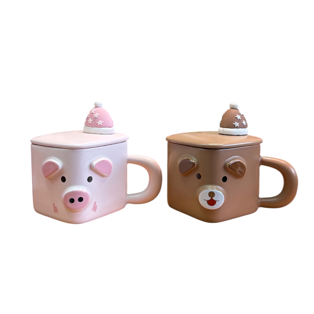 Taza cerdito y perro con tapa cuadrada