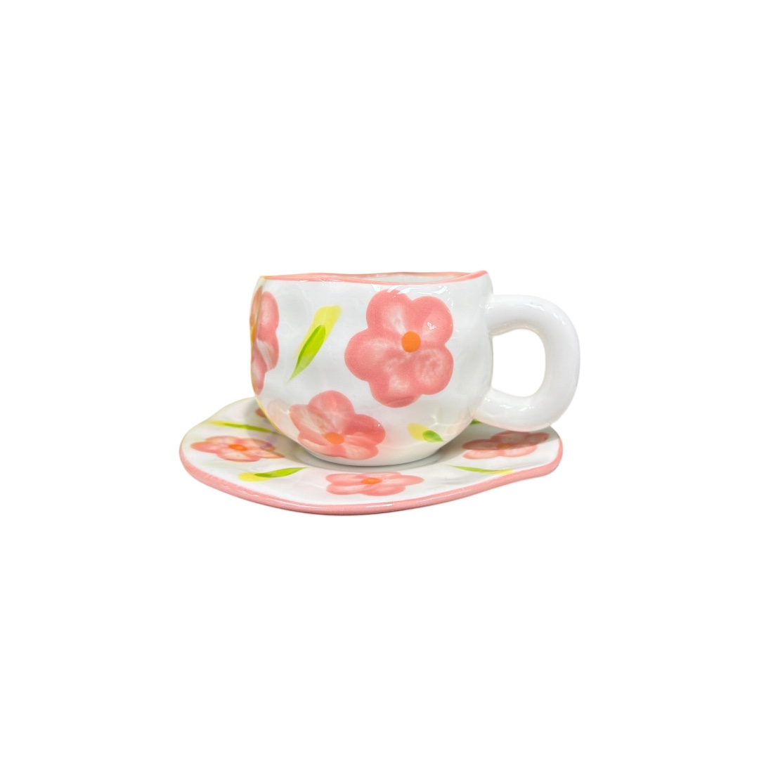 Taza  flor rosa con plato