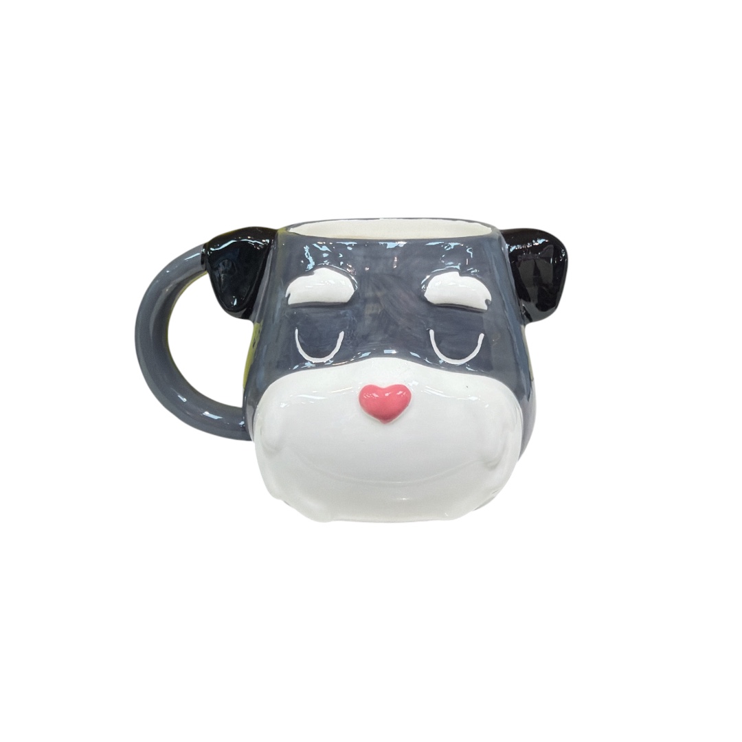Taza perro moldeada corazon nariz cejas blancas gris