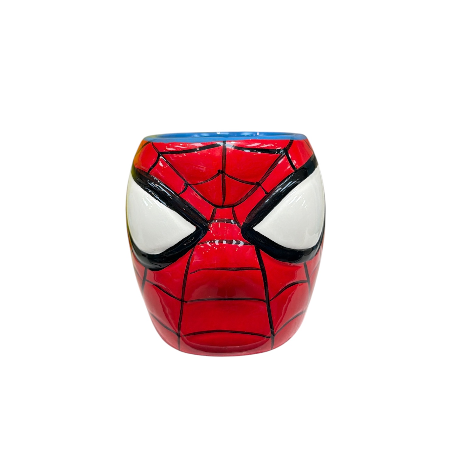 Taza cara spiderman fondo azul agarradero gris araña