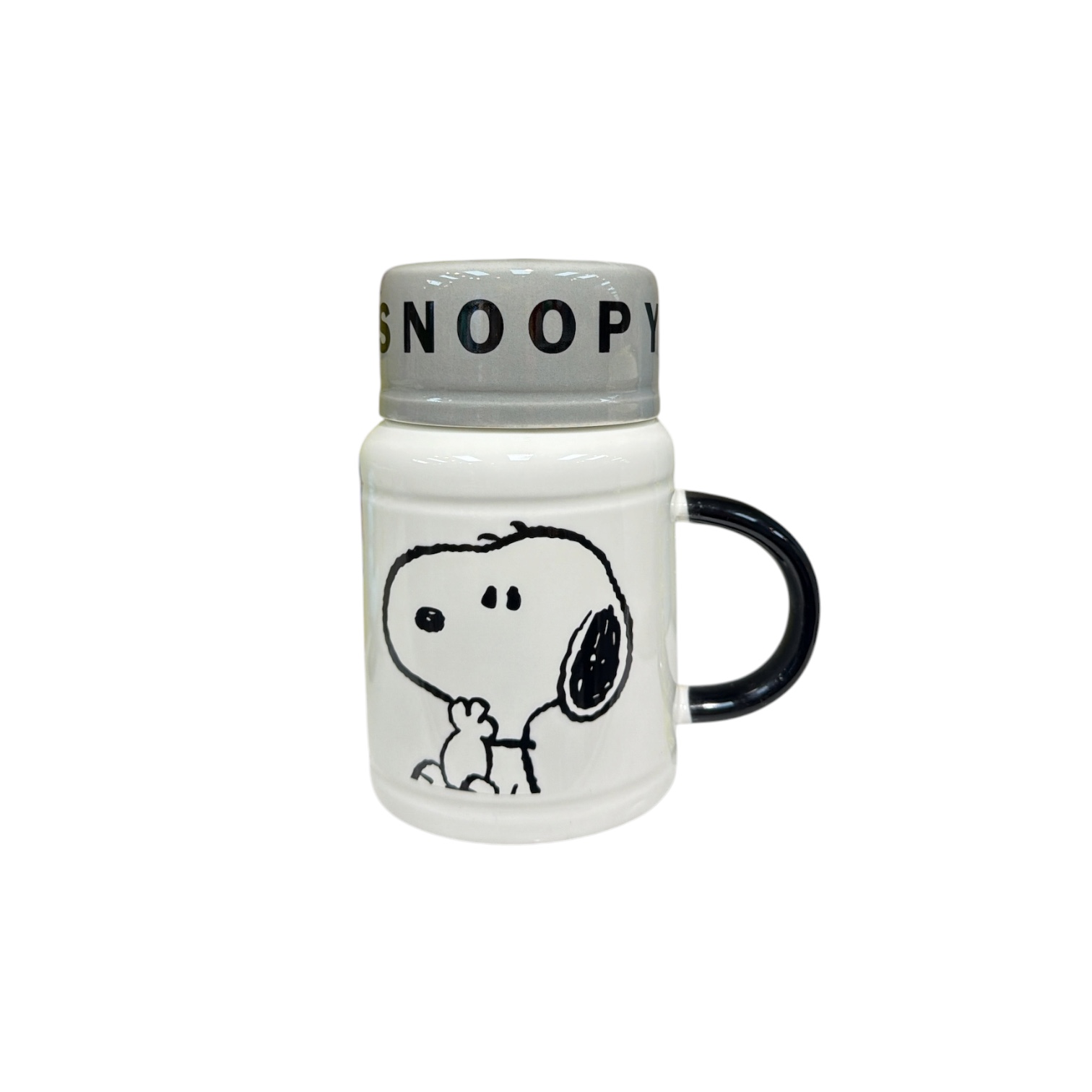 Taza snoopy alta blanca con tapa-gris