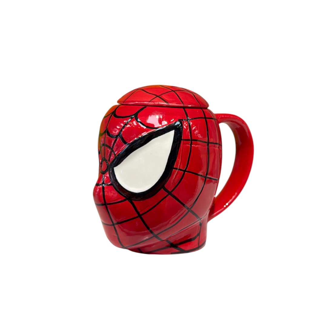 Taza cara spiderman moldeada con tapa