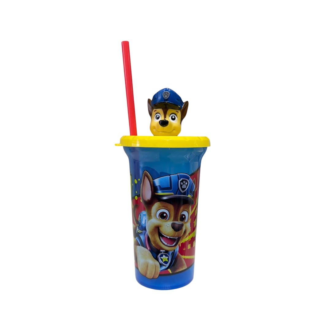 Vaso plastico chase con pajilla y figura